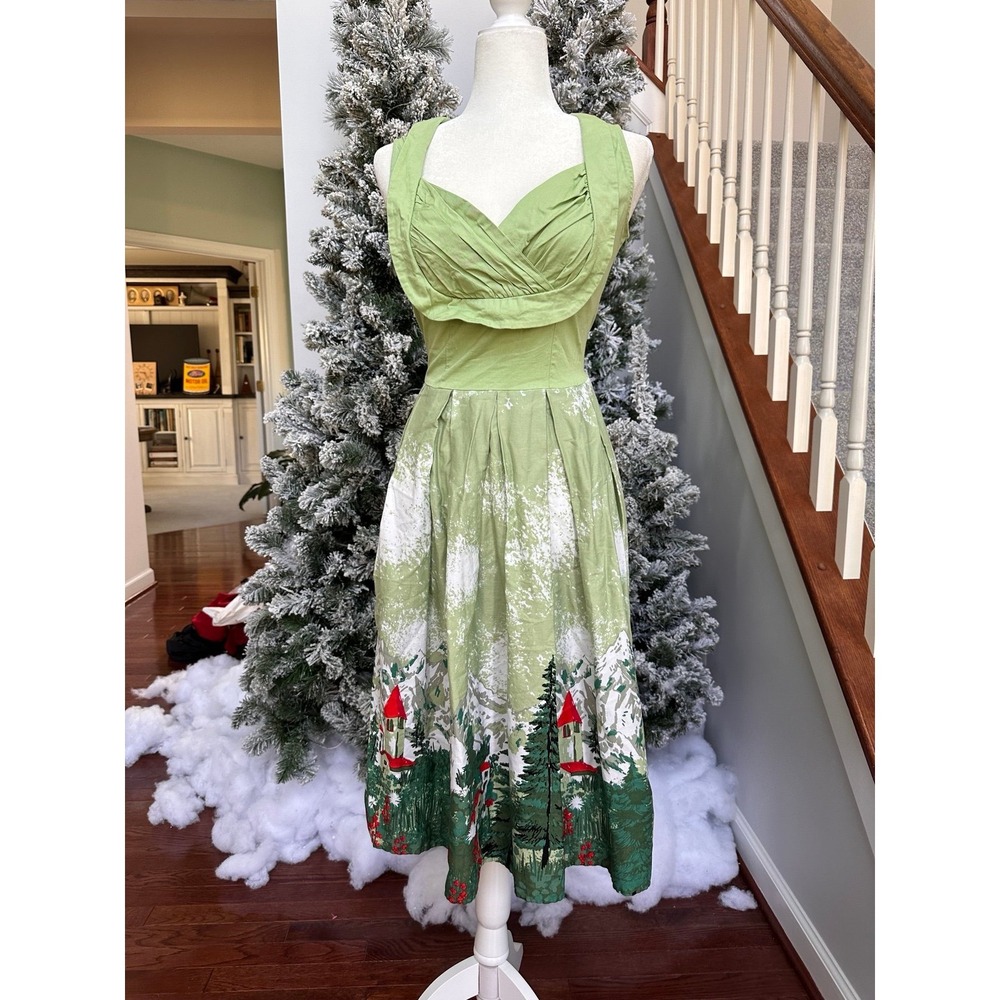 Unique Vintage 1950s Style Milk Maid Retro Swiss Alps Green White Cocktail Dress - Picture 6 of 12